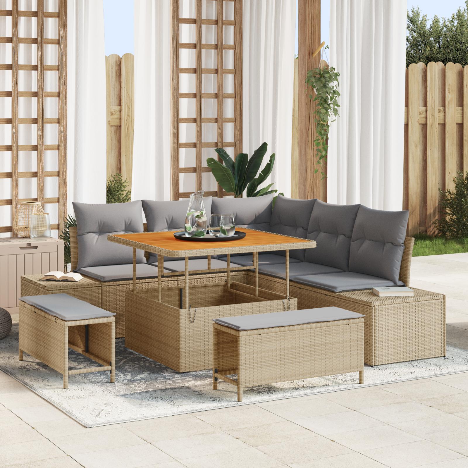 Havesofa sæt med puder og opbevaring - 8 dele, beige poly rattan