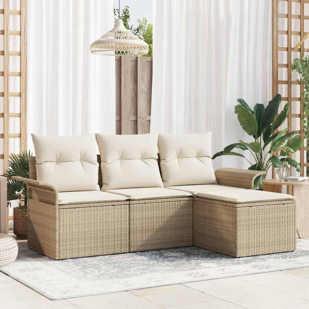 Havesofa Sæt Med Pude Med Opbevaring 4 Dele Poly Rattan - Beige og hvid