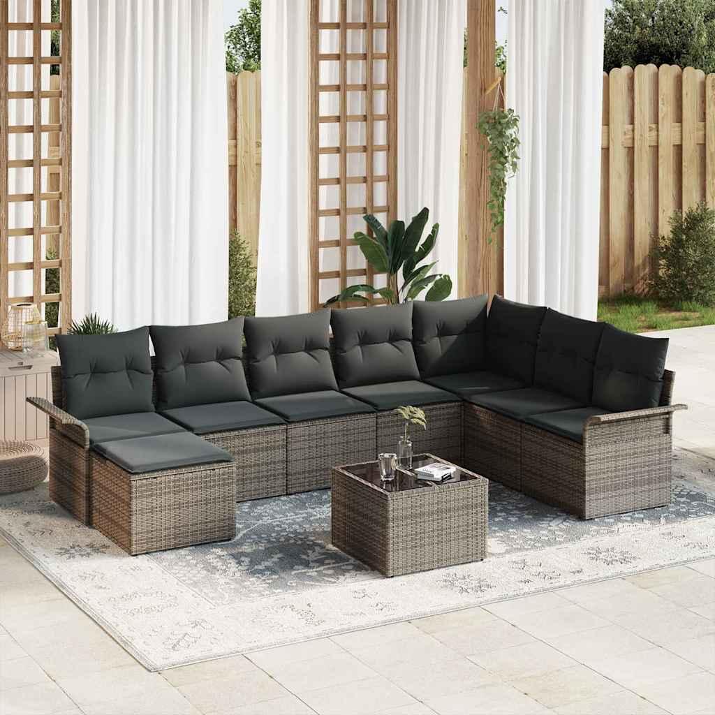 Havesofa Sæt med pude med opbevaring 9 stk Sort Poly rattan