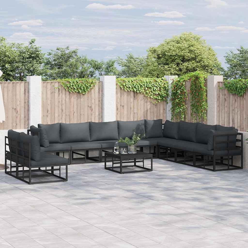 Havesofa-sæt med puder - 10 dele, sort aluminium