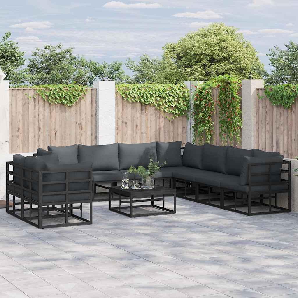 Havesofa sæt med puder - 10 dele, sort aluminium