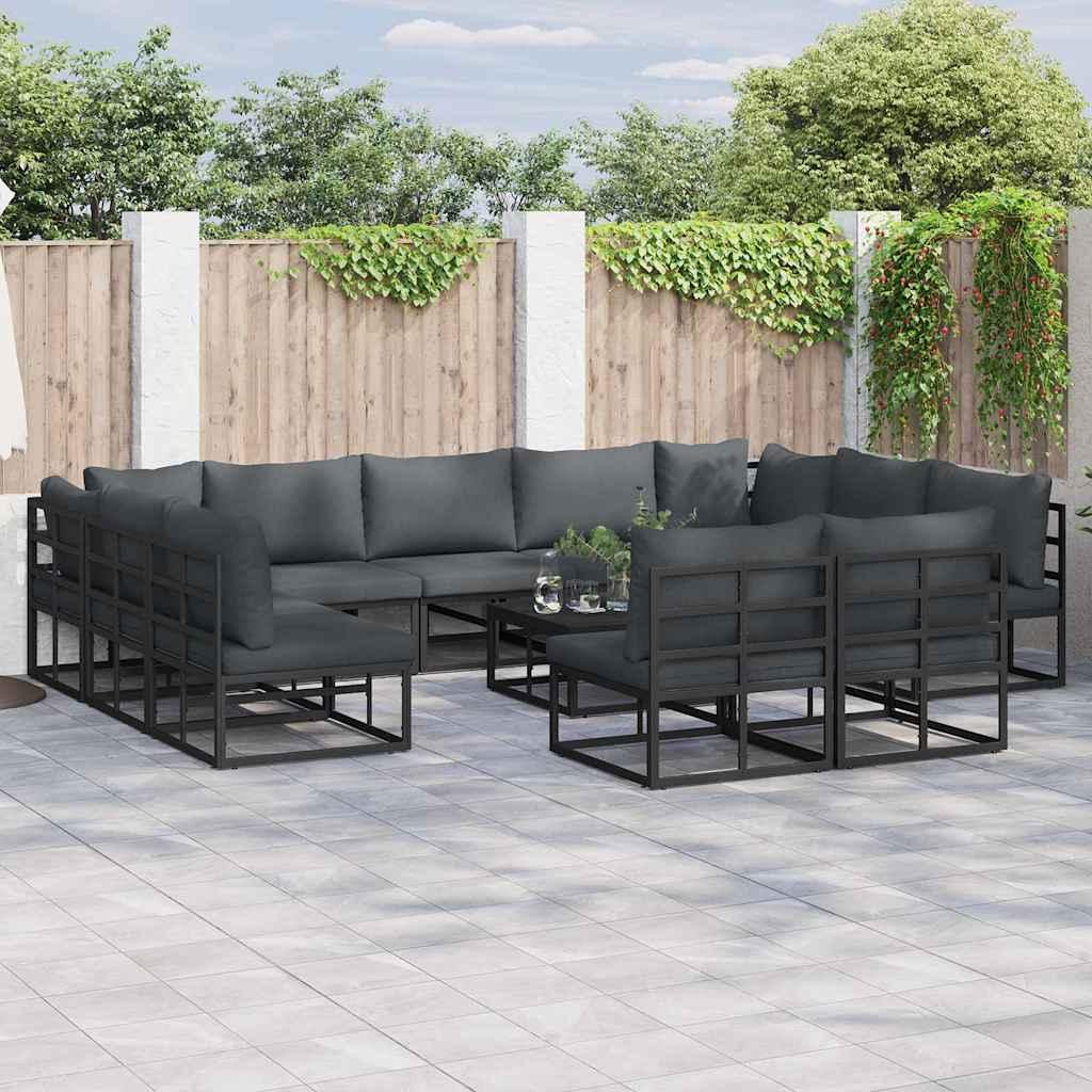 Havesofa sæt med puder - 12 dele, sort aluminium