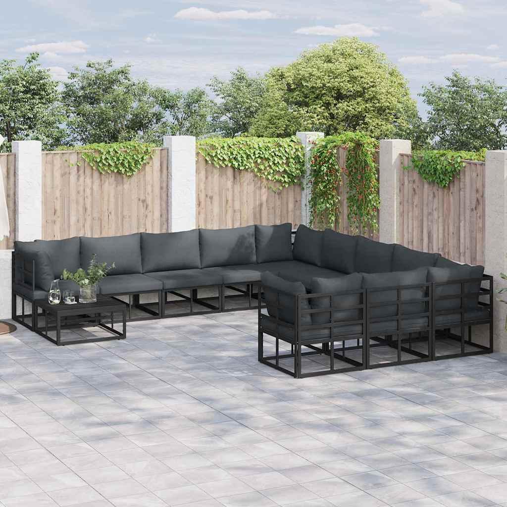 Havesofa-sæt med puder, 12 dele - sort aluminium