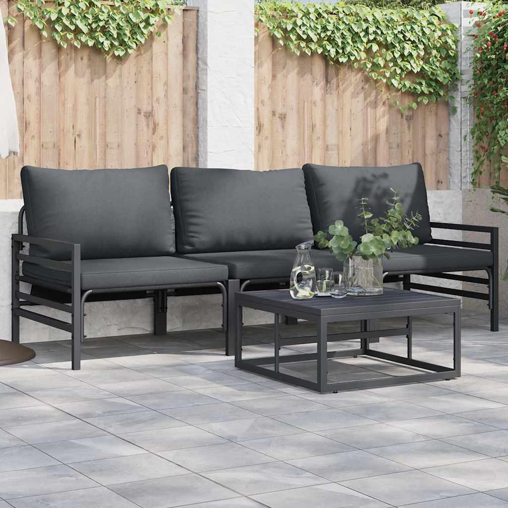 Havesofa sæt med puder - 3 pers., sort stål, modulopbygget