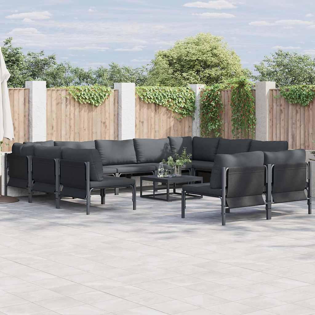 Havesofa sæt med puder - 11 dele, sort stål, modulopbygget loungesæt