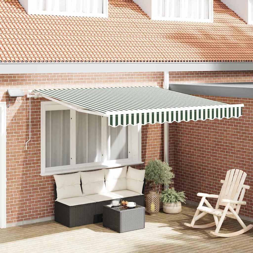 Udtrækkelig markise - grøn/hvid stribet 300 × 250 cm, stof og aluminium med solcelledrevne LED