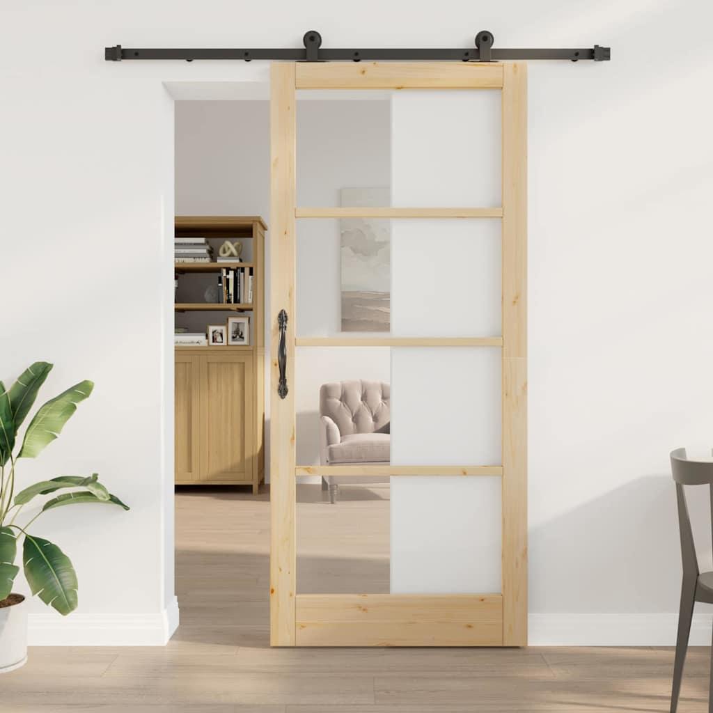 Skydedør ORKDAL i fyrretræ og glas - naturlig/sort 93 x 211 cm