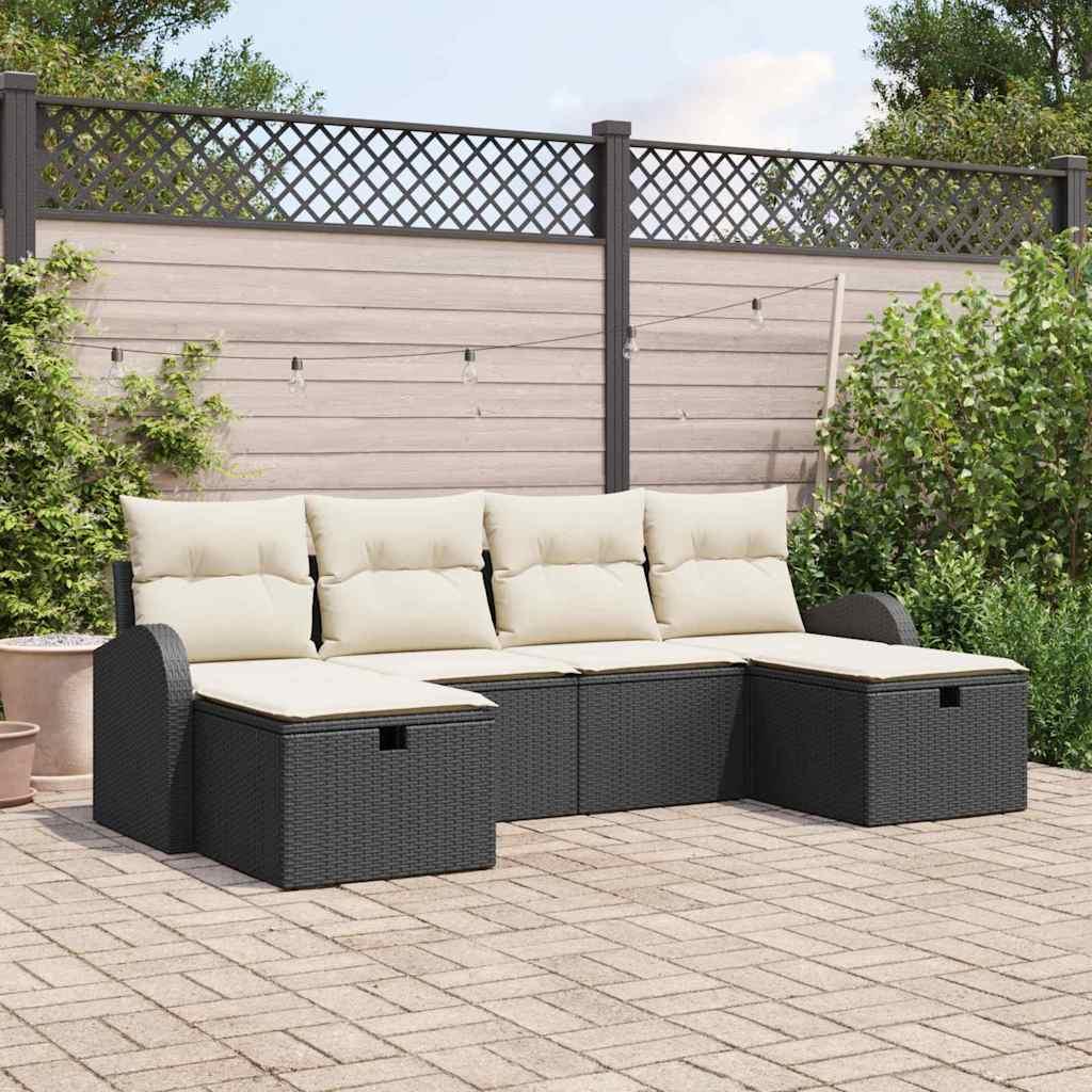 Havesofa SÃ¦t med pude med opbevaring 6 stk Sort Poly rattan