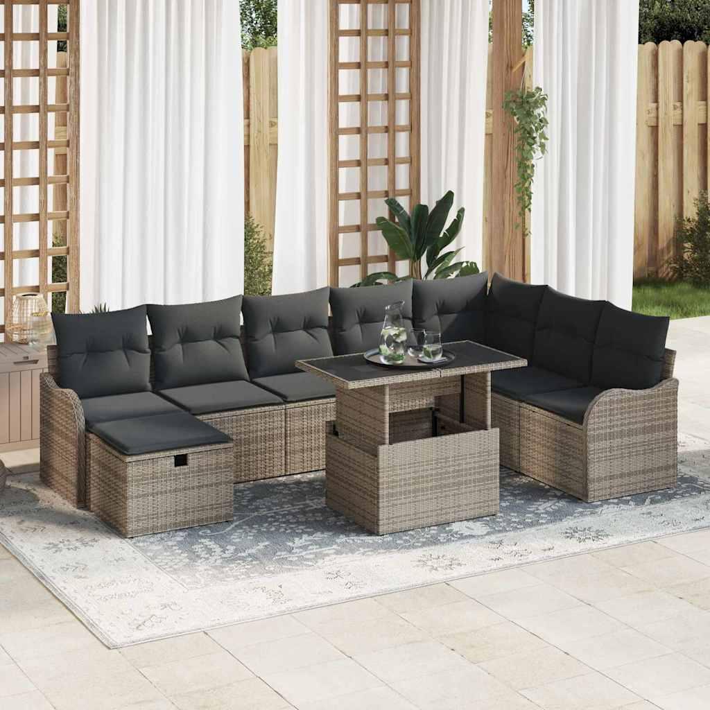 Havesofa SÃ¦t med pude med opbevaring 9 stk GrÃ¥ Poly rattan