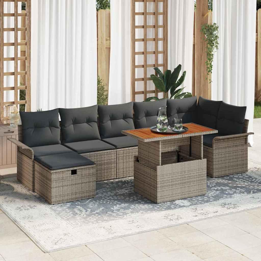 Havesofa sæt i grå polyrattan - 8 dele med justerbart bord