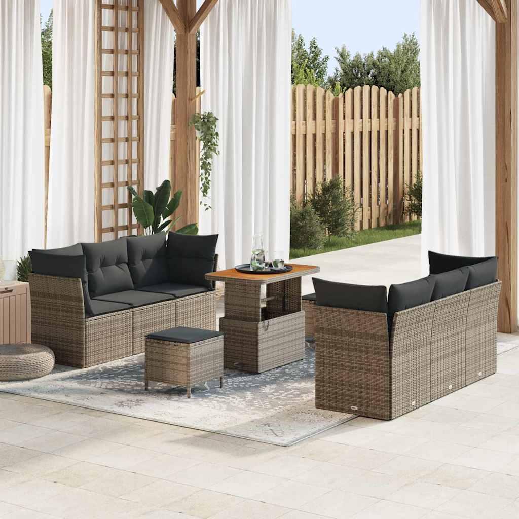 Havesofa sæt i grå polyrattan - 9 dele med højdejusterbart bord