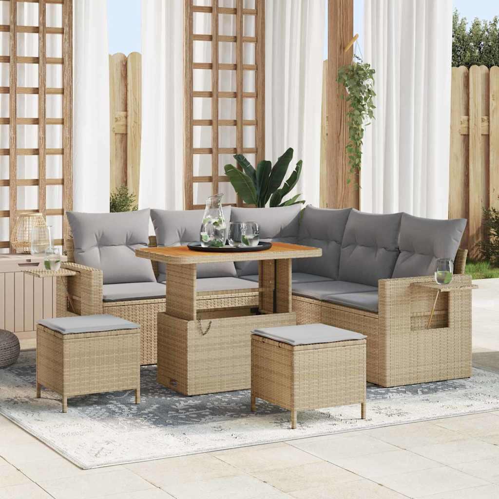 Havesofa sæt i beige polyrattan - modulært loungesæt med 8 dele og hæve/sænke-bord