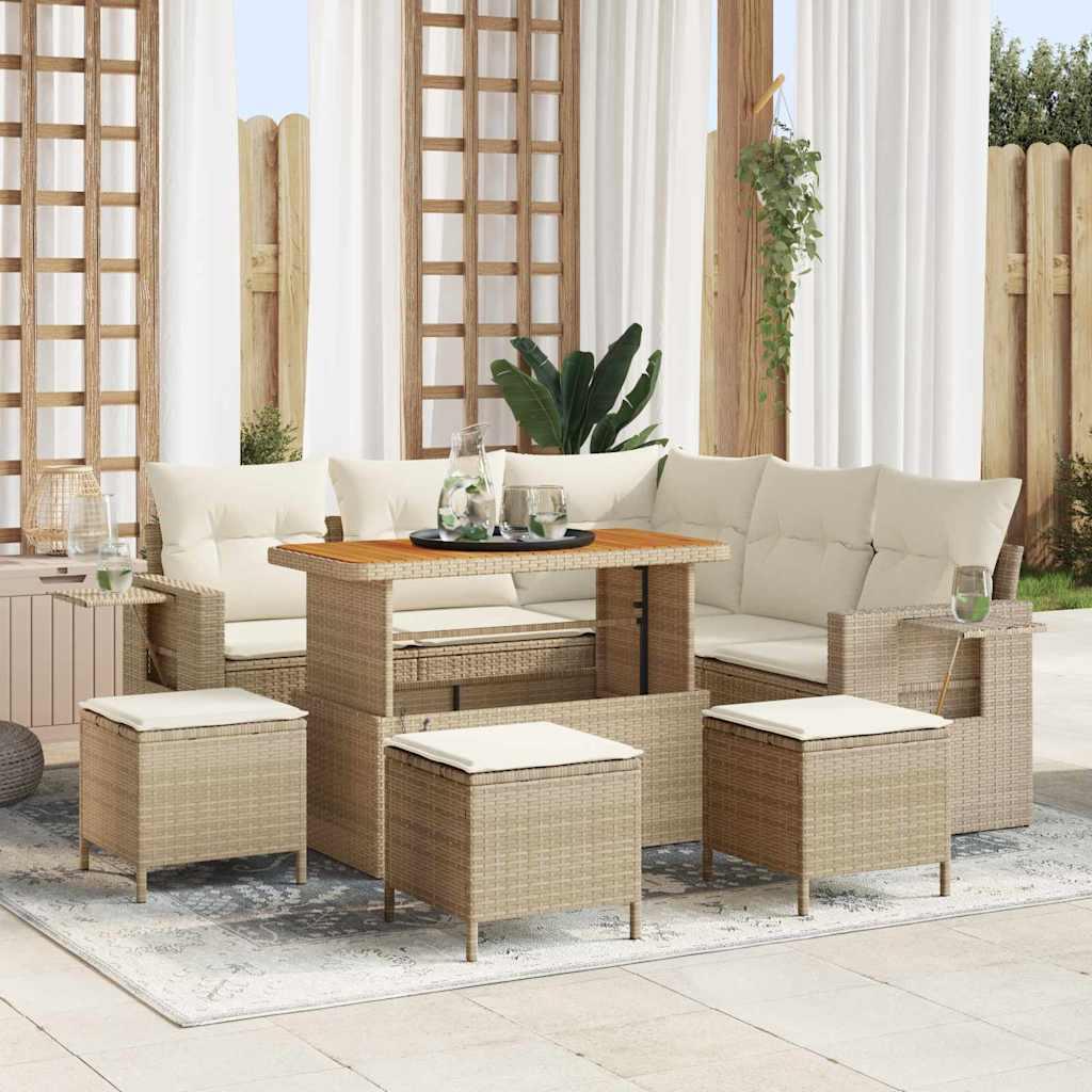 Havesofa sæt 9 dele med puder og højdejusterbart bord - beige polyrattan