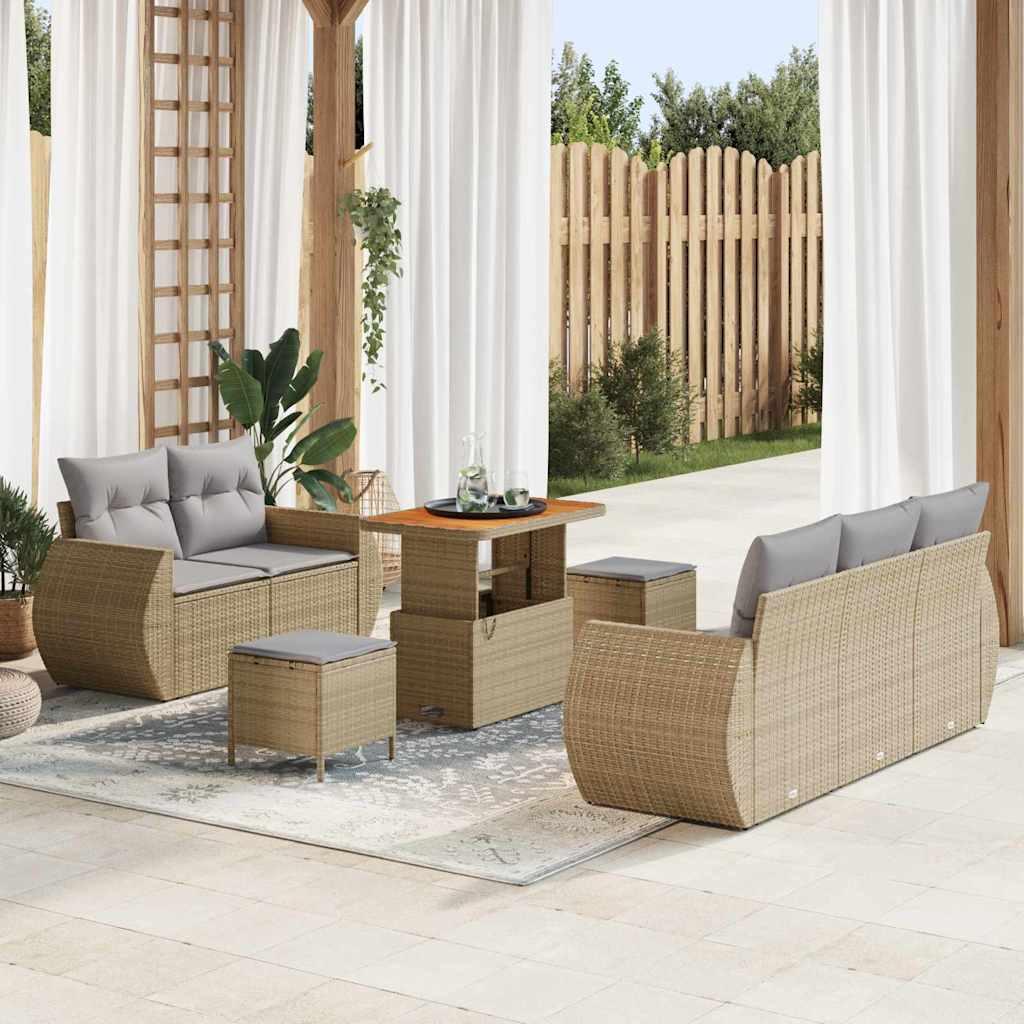 Havesofa sæt i beige polyrattan - 8 dele, modulopbygget med justerbart bord