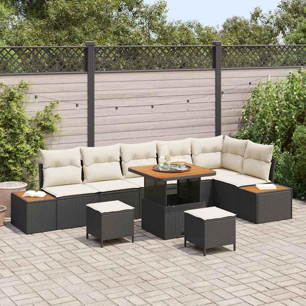 Havesofa sæt i sort polyrattan - 9 dele med akacietræsbord