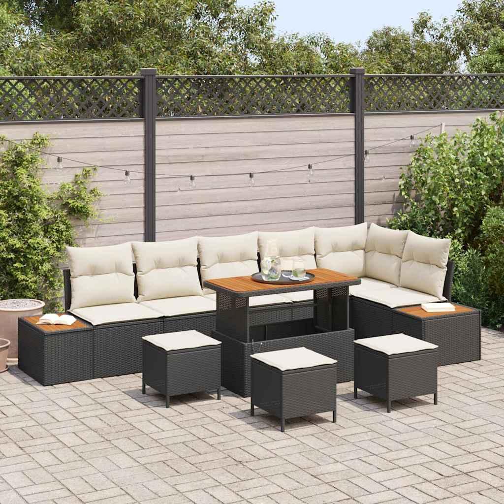 Havesofa sæt i sort polyrattan - 10 dele med akacietræsbord