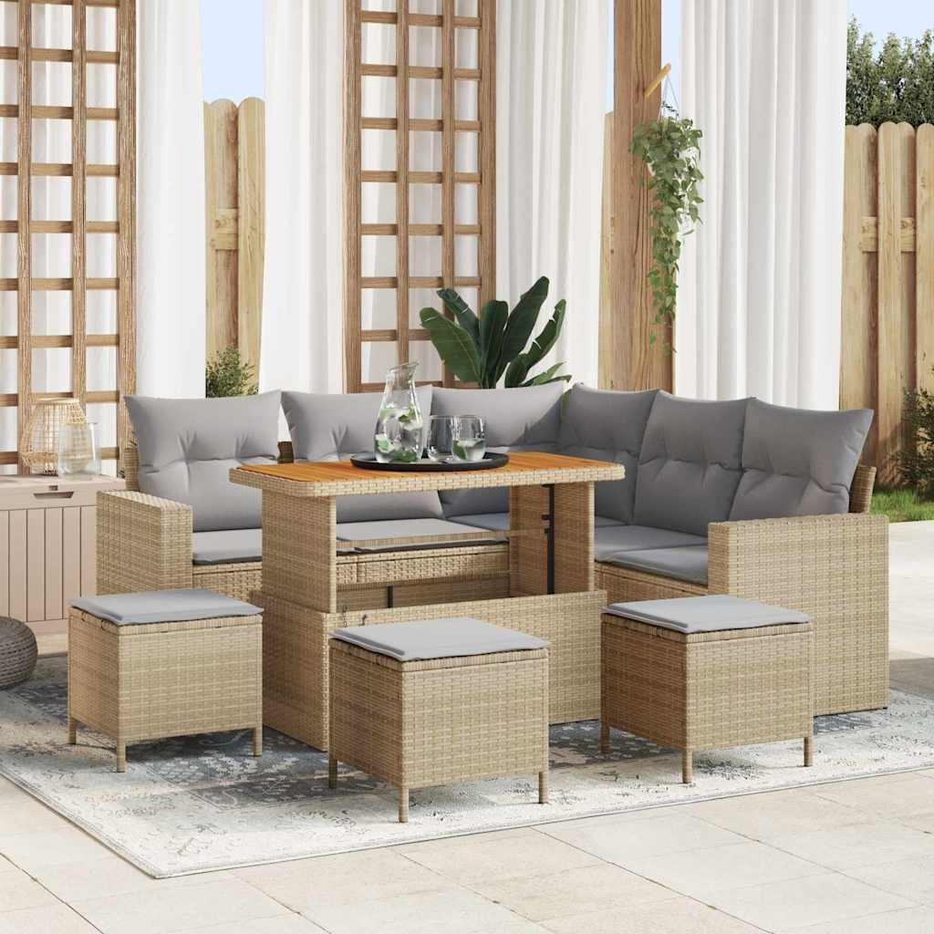 Havesofa sæt i polyrattan - 10 dele, beige/lysegrå, modulopbygget med opbevaring