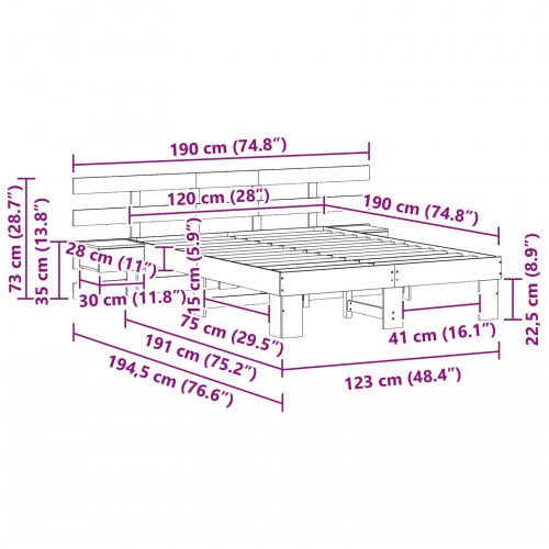 Sengestel med hovedgærde - brun 120 x 190 cm i massiv fyrretræ