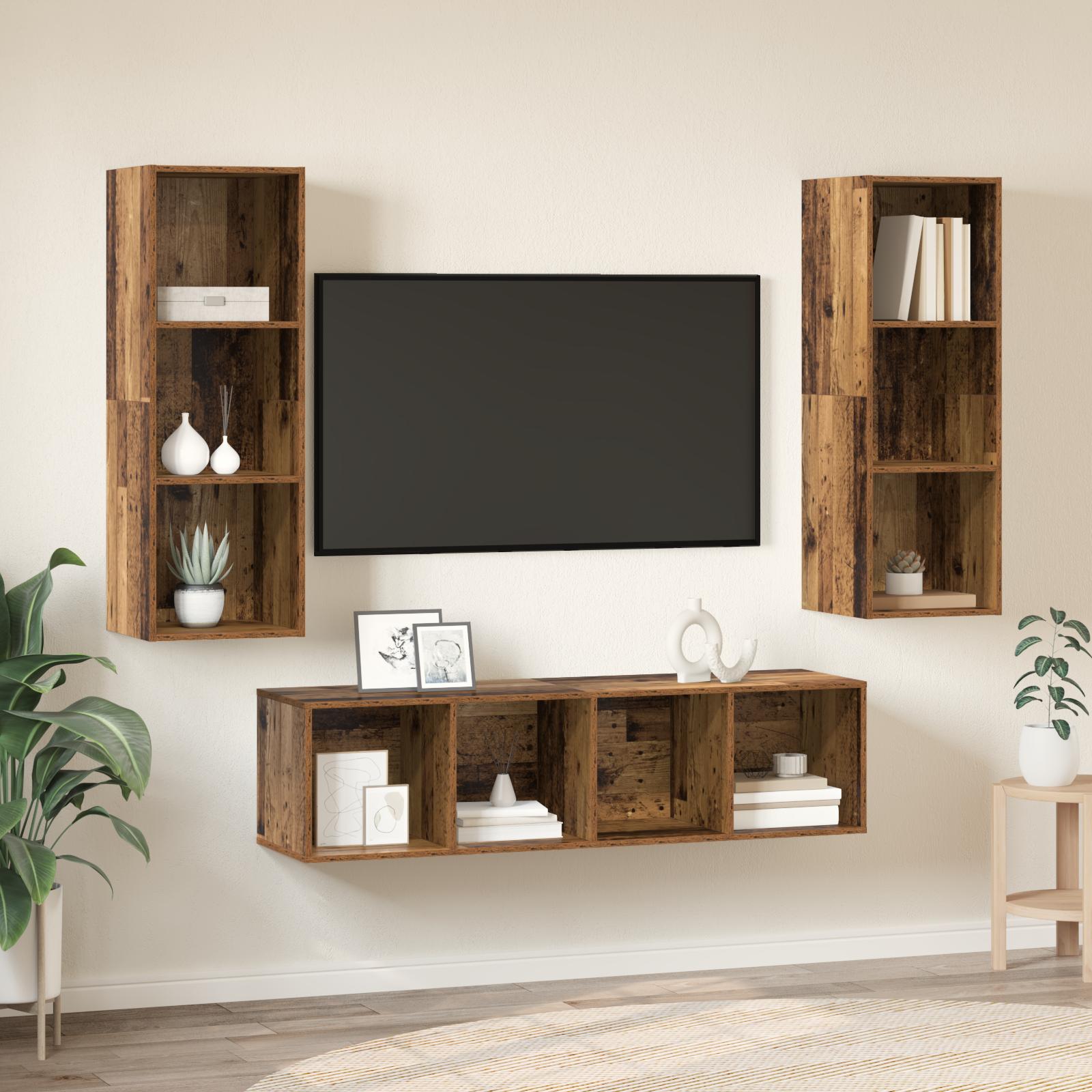 TV Skab Sæt Vægmonteret 3 stk Gammelt træ 37 x 37 x 142.5 cm