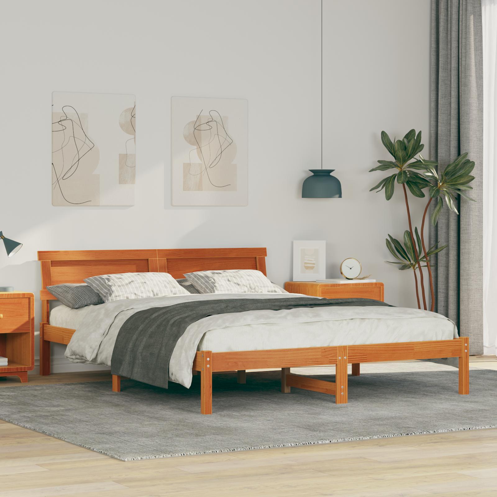 Sengestel med hovedgærde - voks brun 160 × 200 cm i massiv fyrretræ