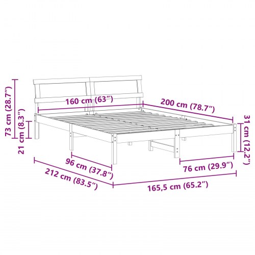 Sengestel med hovedgærde 160 x 200 cm - voksbrun massiv fyr