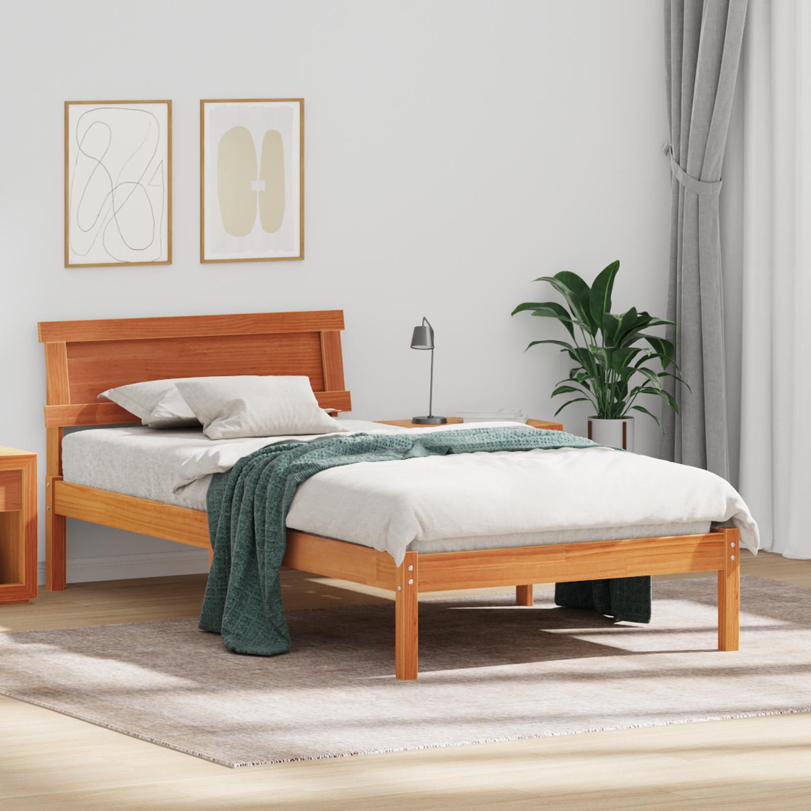 Sengestel med hovedgærde - voks brun 75 x 190 cm i massiv fyrretræ
