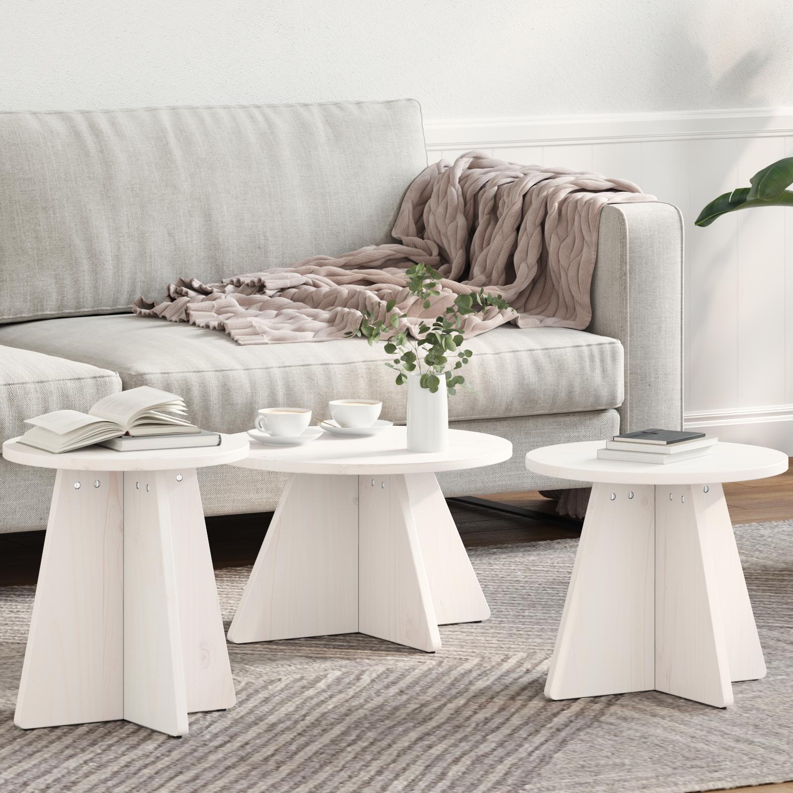 Sofabord 3 stk Hvid 49 x 49 x 30 cm Massivt fyrretræ