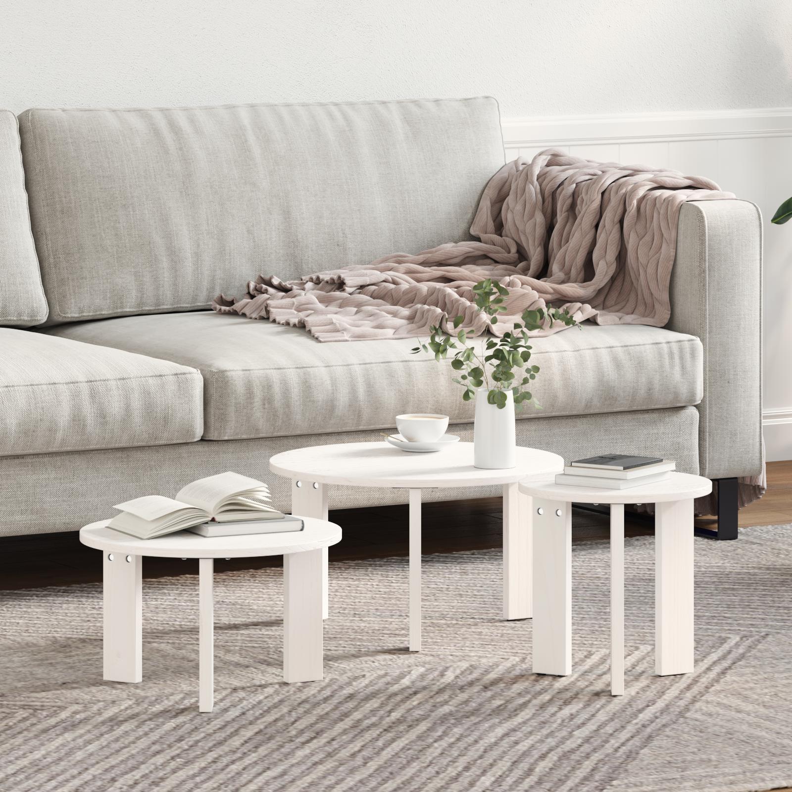 Sofabord 3 stk Hvid 47.5 x 47.5 x 27 cm Massivt fyrretræ