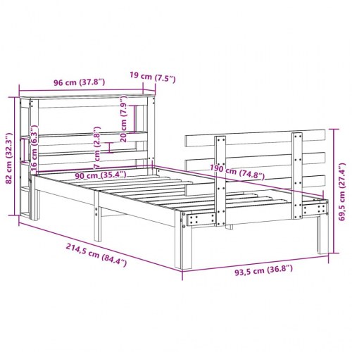 Sengeramme med sengegavl 90×190 cm - massivt fyrretræ