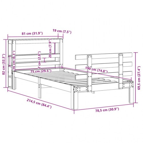Sengeramme med sengegavl 75×190 cm - massivt fyrretræ, hylder
