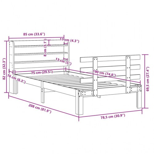 Sengeramme med sengegavl 75 x 190 cm i massivt fyrretræ