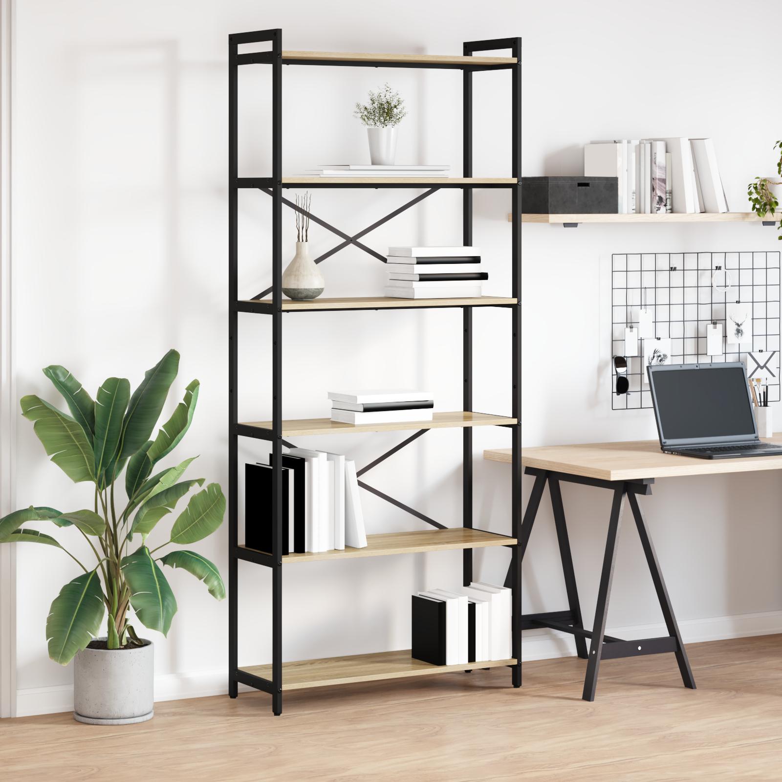Bogreol i sonoma eg - 80 × 30 × 189,5 cm, konstrueret træ og sort stål
