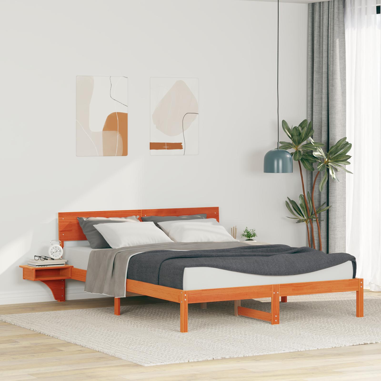 Sengestel med hovedgærde - voks brun 160 × 200 cm i massiv fyrretræ