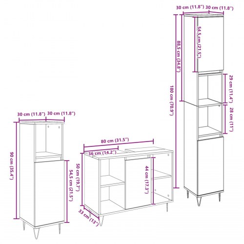 Badeværelsesmøbel Sæt 3 stk Artisan Egetræ 30 x 30 x 180 cm