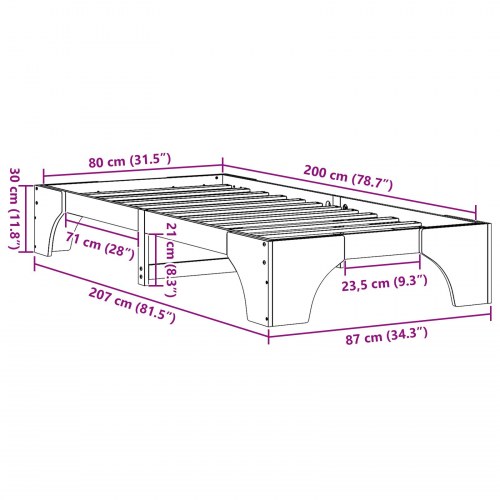 Sengestel i voksbrun massiv fyrretræ 80 x 200 cm