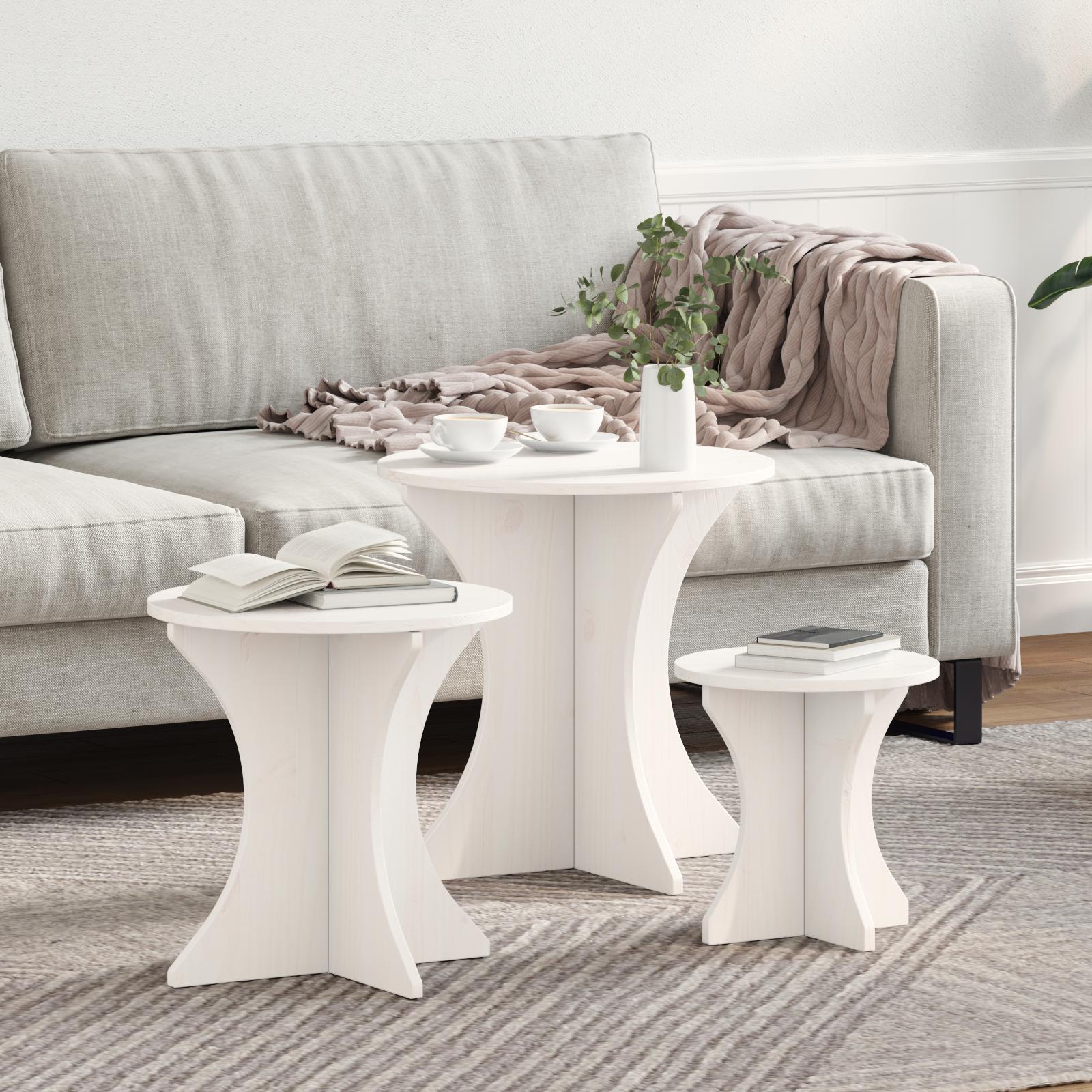 Sofabord 3 stk Hvid 46 x 46 x 47 cm Massivt fyrretræ