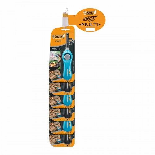 Bic Megalighter Multi Utility Accendini – Confezione Da 6, Neri, Con Bacchetta Lunga 6 Cm E Gancio Retrattile, Per Candele, Barbecue E Camino