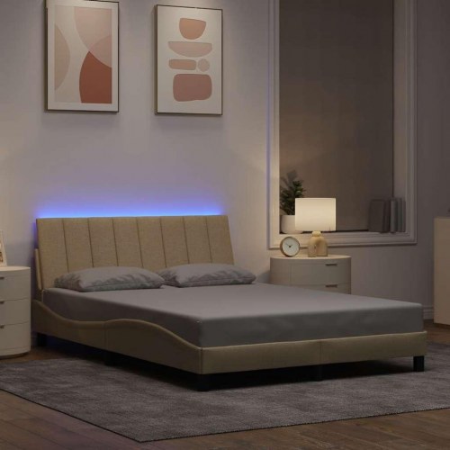 Sengeramme Hanko med LED og gavlpude - 140 x 190 cm, cremefarvet