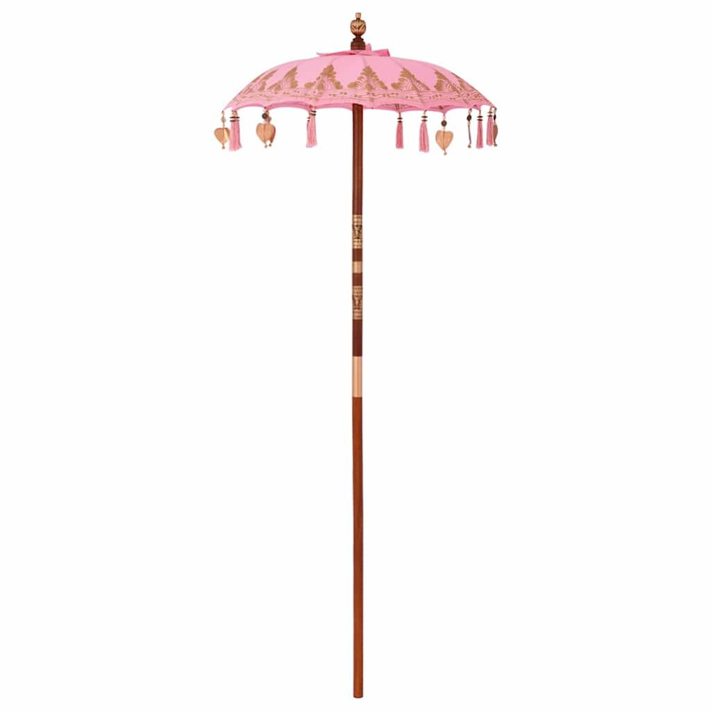 Balinesisk parasol - lyserød rund 125 x 125 x 260 cm i bomuld og bambus