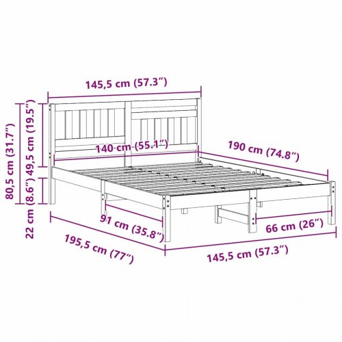 Sengestel med hovedgærde - brun 140 x 190 cm massiv fyrretræ