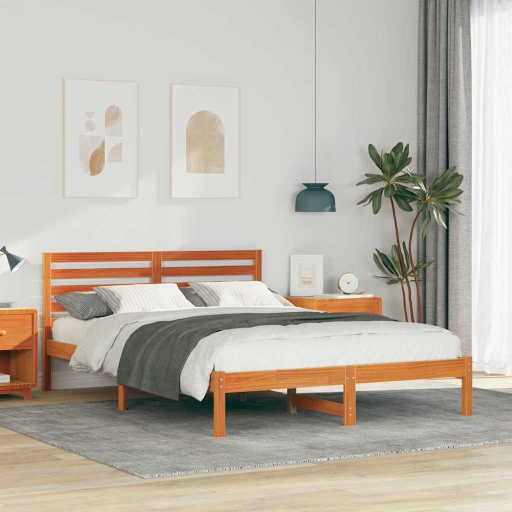 Sengestel med hovedgærde - voks brun 140 × 220 cm i massiv fyrretræ