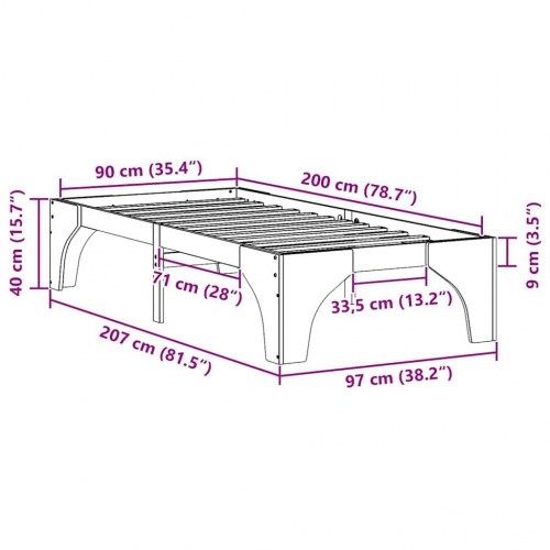 Sengestel i massiv fyrretræ 90 x 200 cm - hvid