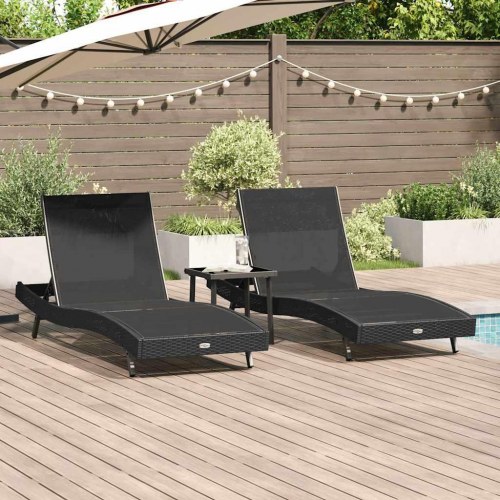 Solseng-sæt i polyrattan - 2 solsenge + bord, sort, 197 × 70 × 82 cm