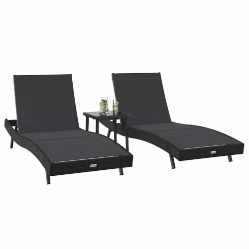 Solseng-sæt i polyrattan - 2 solsenge + bord, sort, 197 × 70 × 82 cm