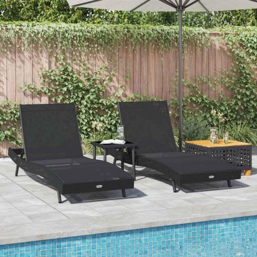 Solseng-sæt i polyrattan - 2 solsenge + bord, sort, 197 × 70 × 82 cm