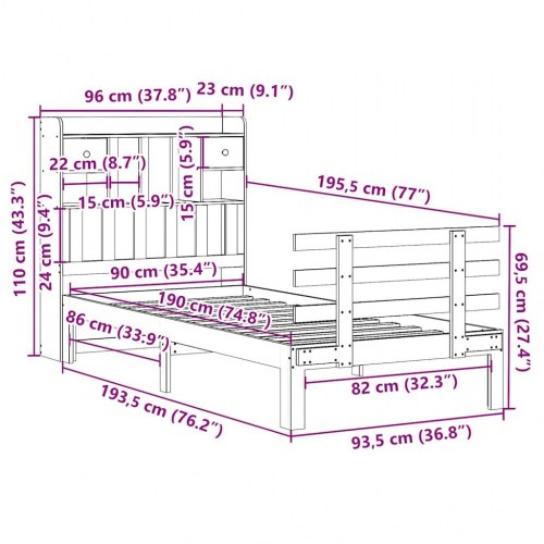Seng med reol uden madras 90x190 cm massivt fyrretræ