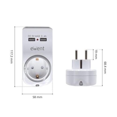 Vægstik med 2 USB-porte Ewent EW1225 16A 3680 W