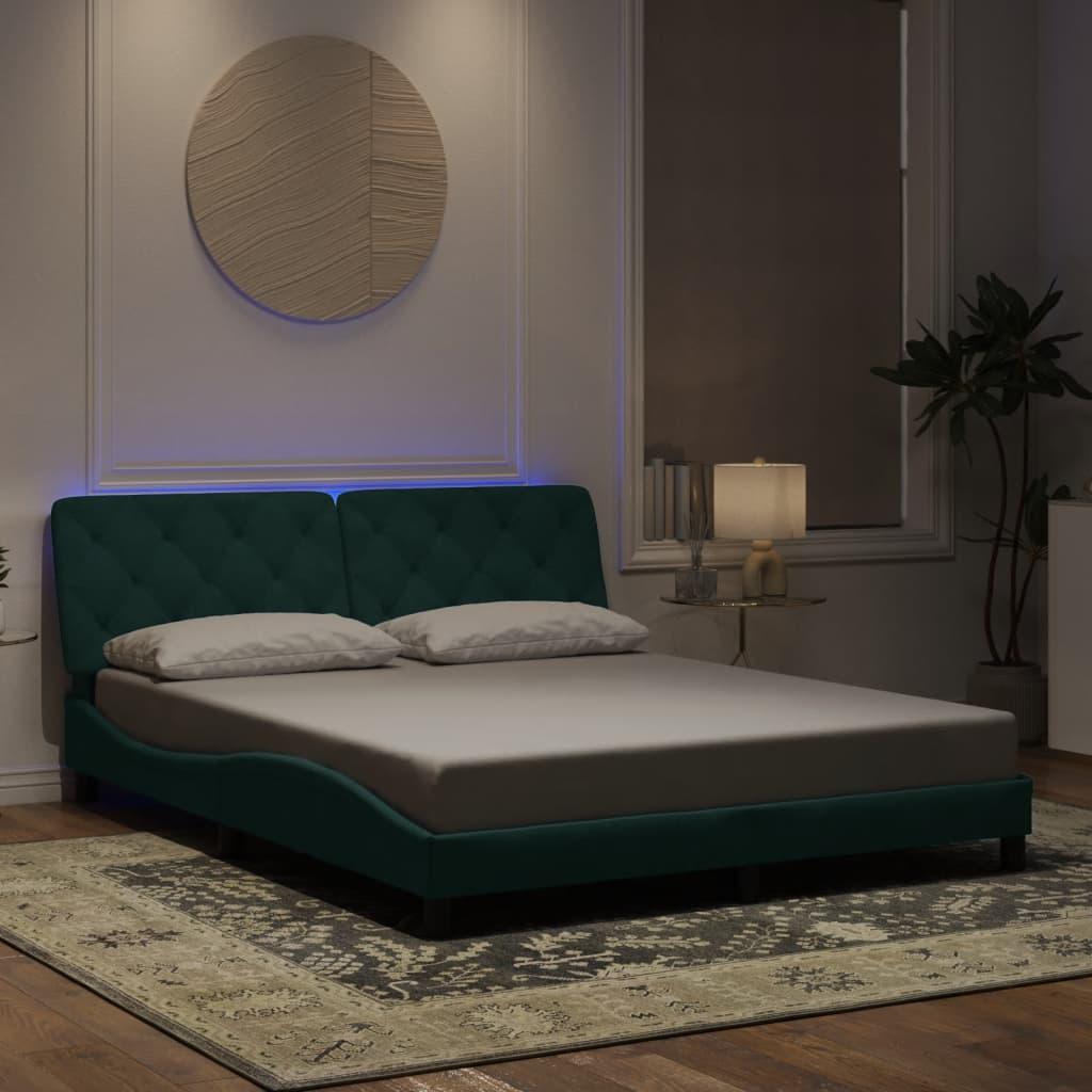 Sengeramme med LED uden madras 160x200 cm velour mørkegrøn
