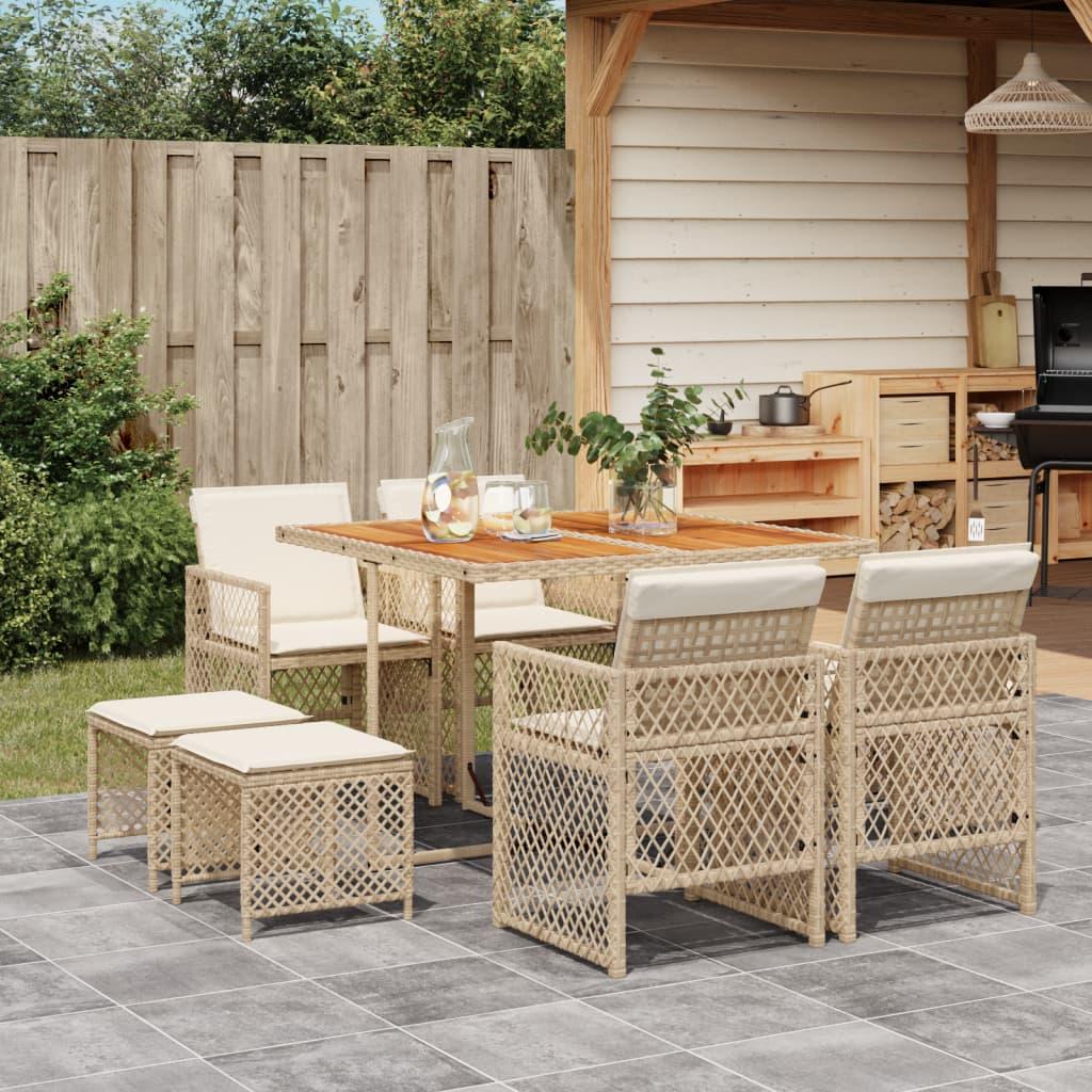 Spisebordssæt til haven 9 dele med hynder polyrattan beige