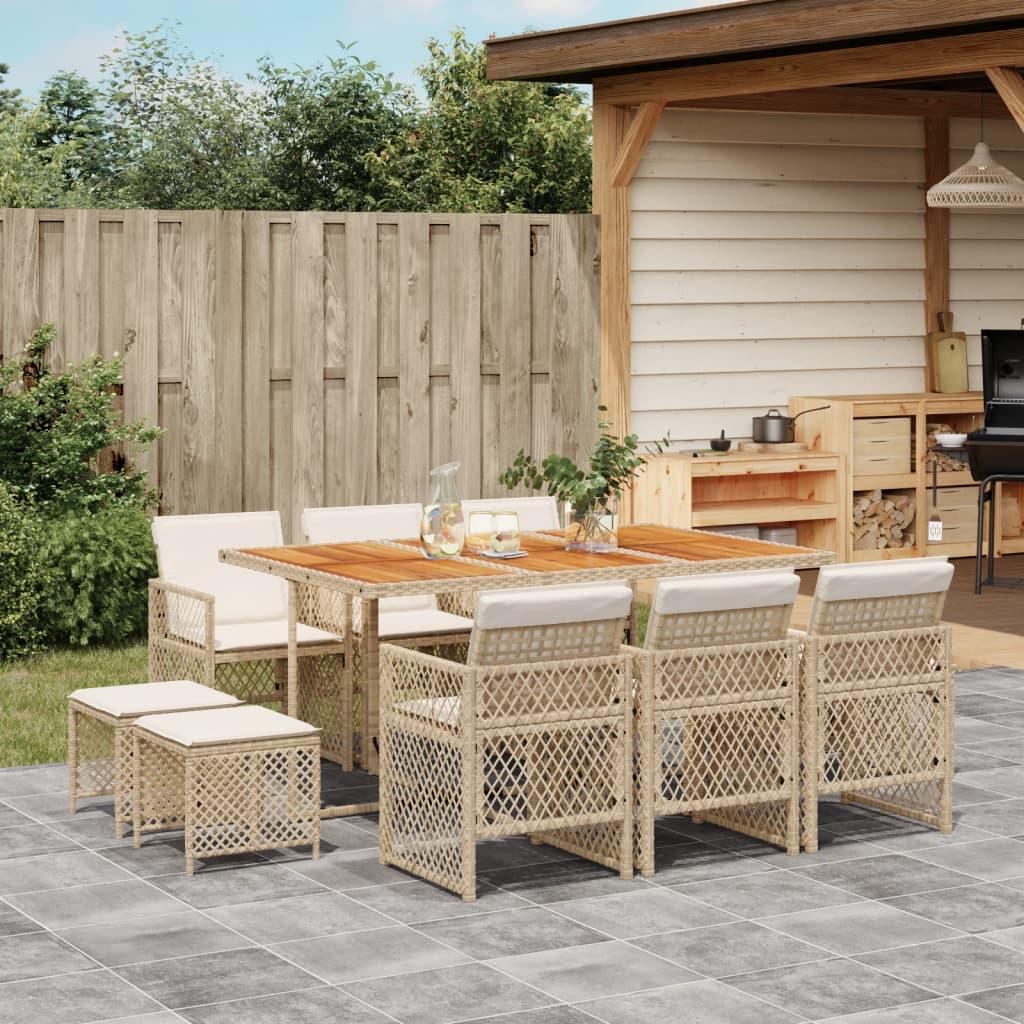 Spisebordssæt til haven 11 dele med hynder polyrattan beige